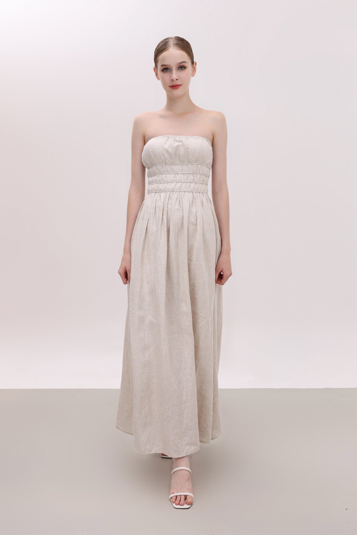 CHLOE NATURAL STRAPLESS LINEN MAXI DRESS