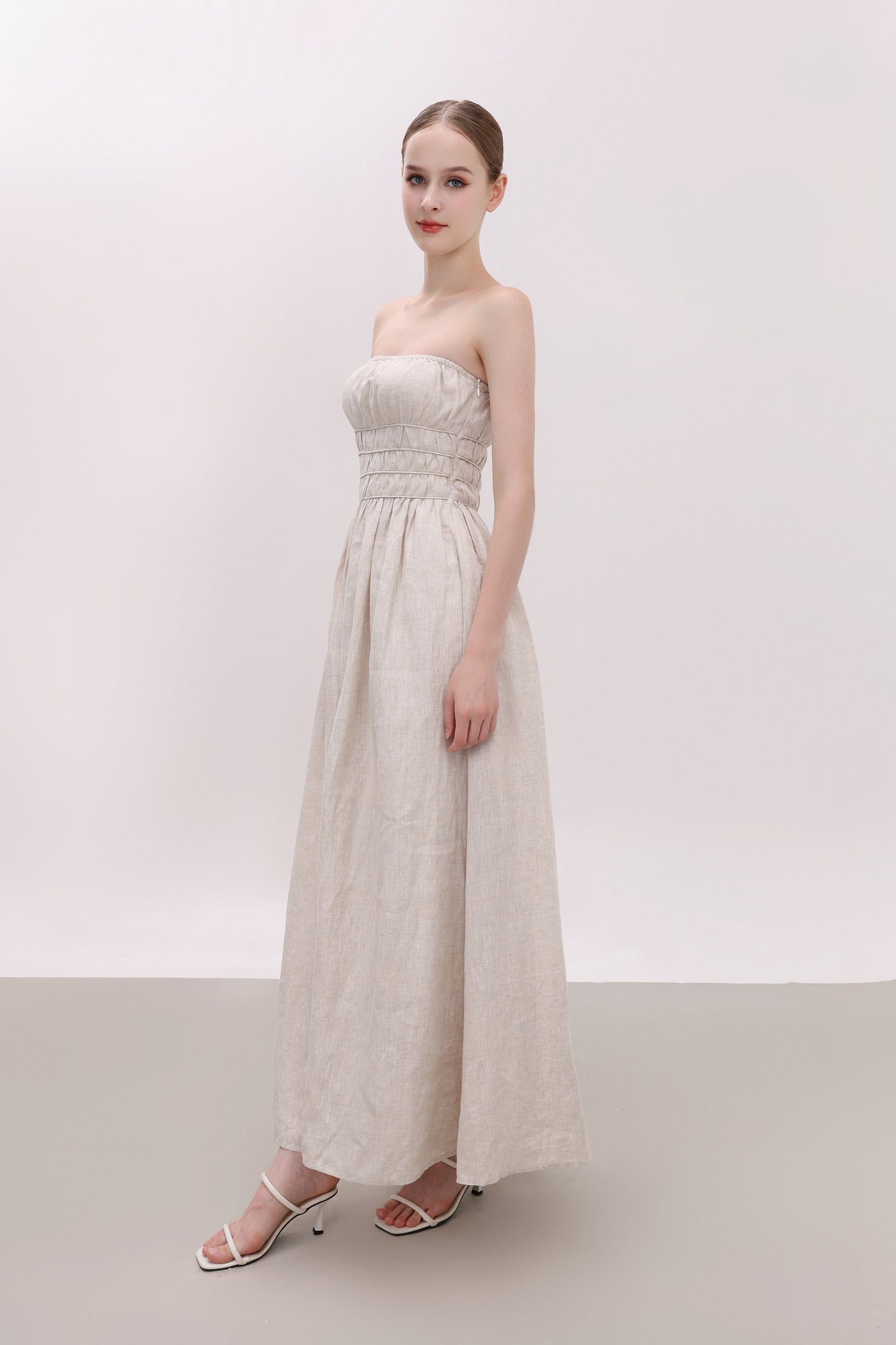 CHLOE NATURAL STRAPLESS LINEN MAXI DRESS
