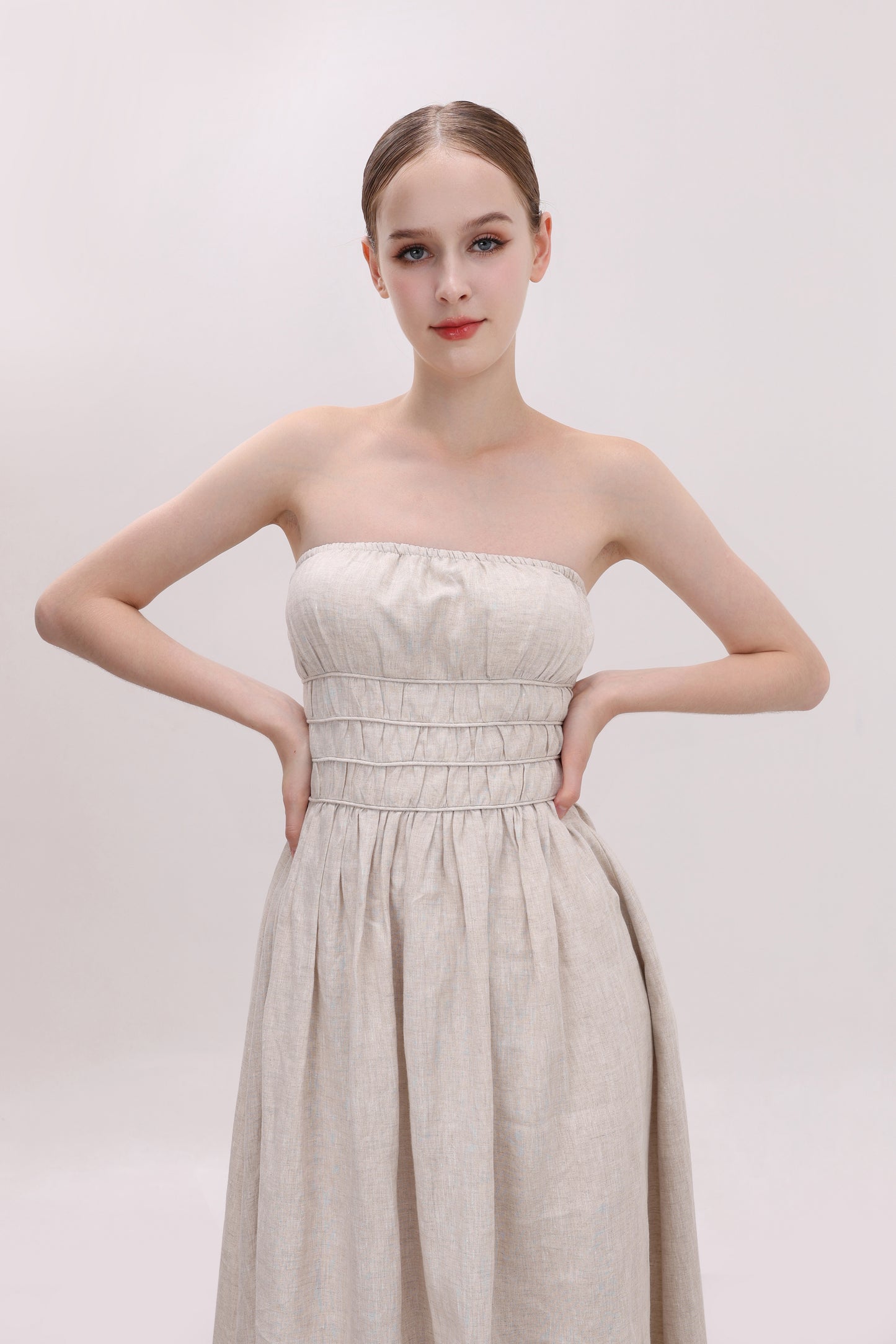 CHLOE NATURAL STRAPLESS LINEN MAXI DRESS