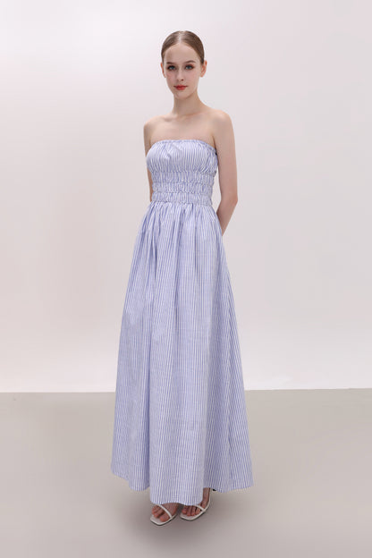 CHLOE BLUE STRIPED STRAPLESS LINEN MAXI DRESS