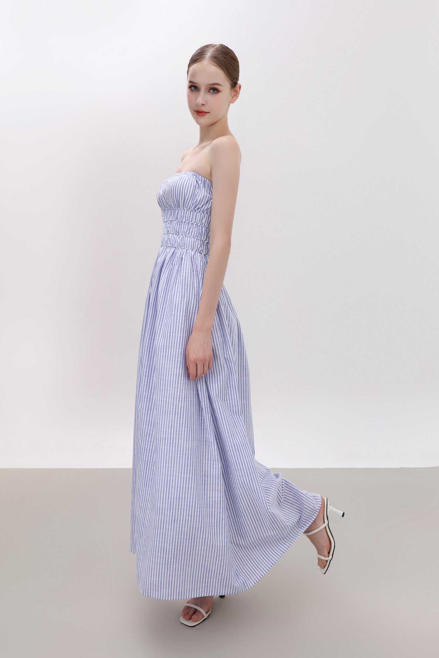 CHLOE BLUE STRIPED STRAPLESS LINEN MAXI DRESS