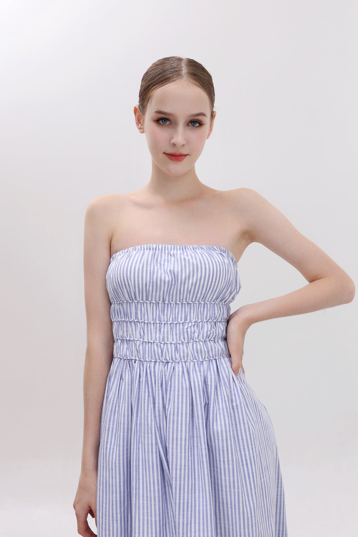 CHLOE BLUE STRIPED STRAPLESS LINEN MAXI DRESS