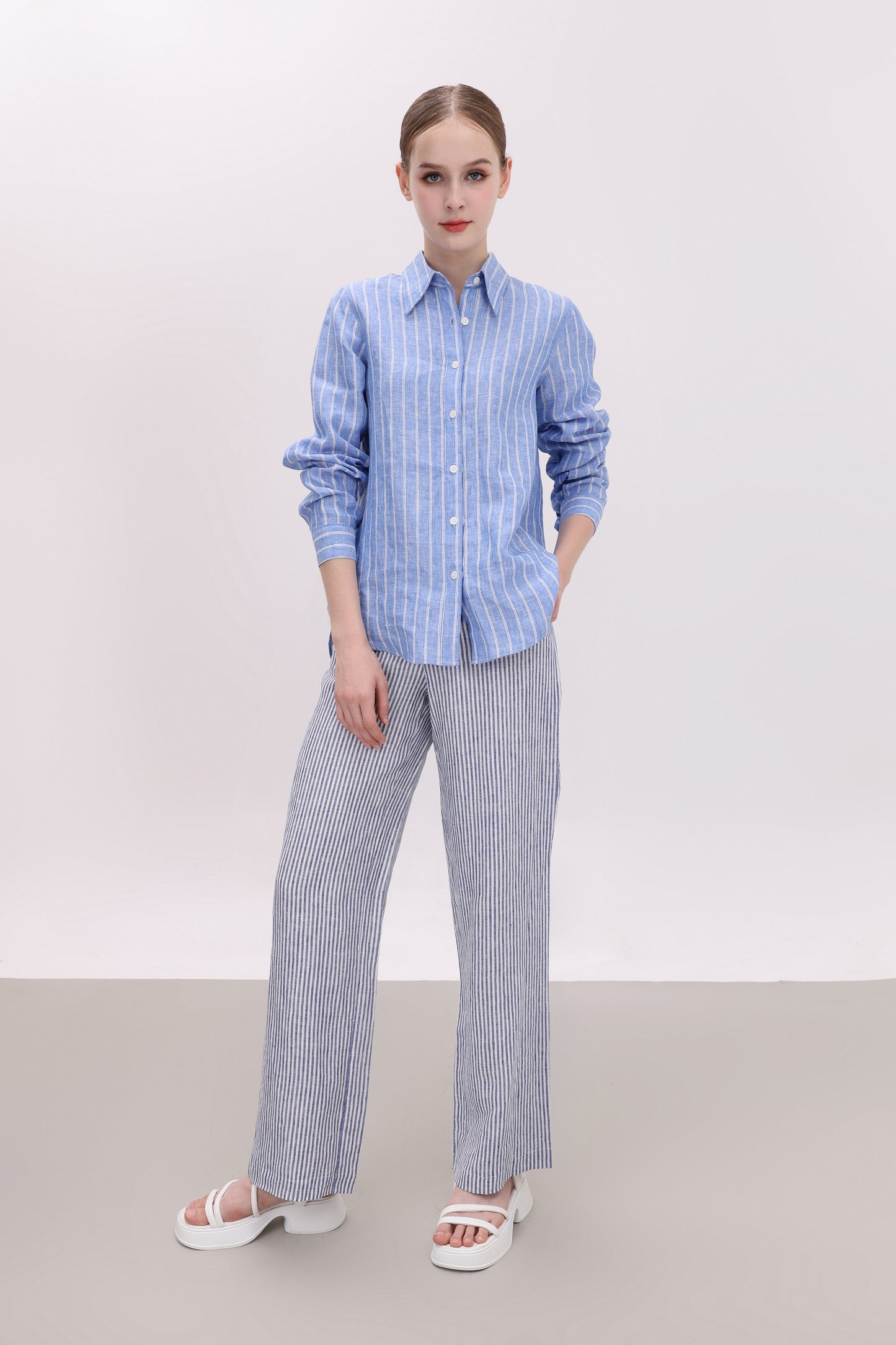 CHRISSY DARK BLUE STRIPED LINEN PANTS