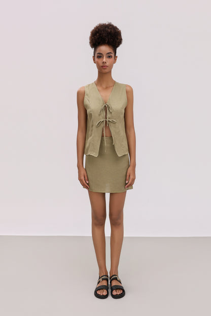 LEENA OLIVE LINEN TIE FRONT TOP