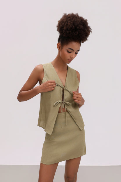 LEENA OLIVE LINEN TIE FRONT TOP