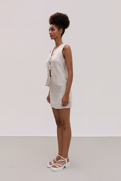 LEENA NATURAL LINEN TIE FRONT TOP