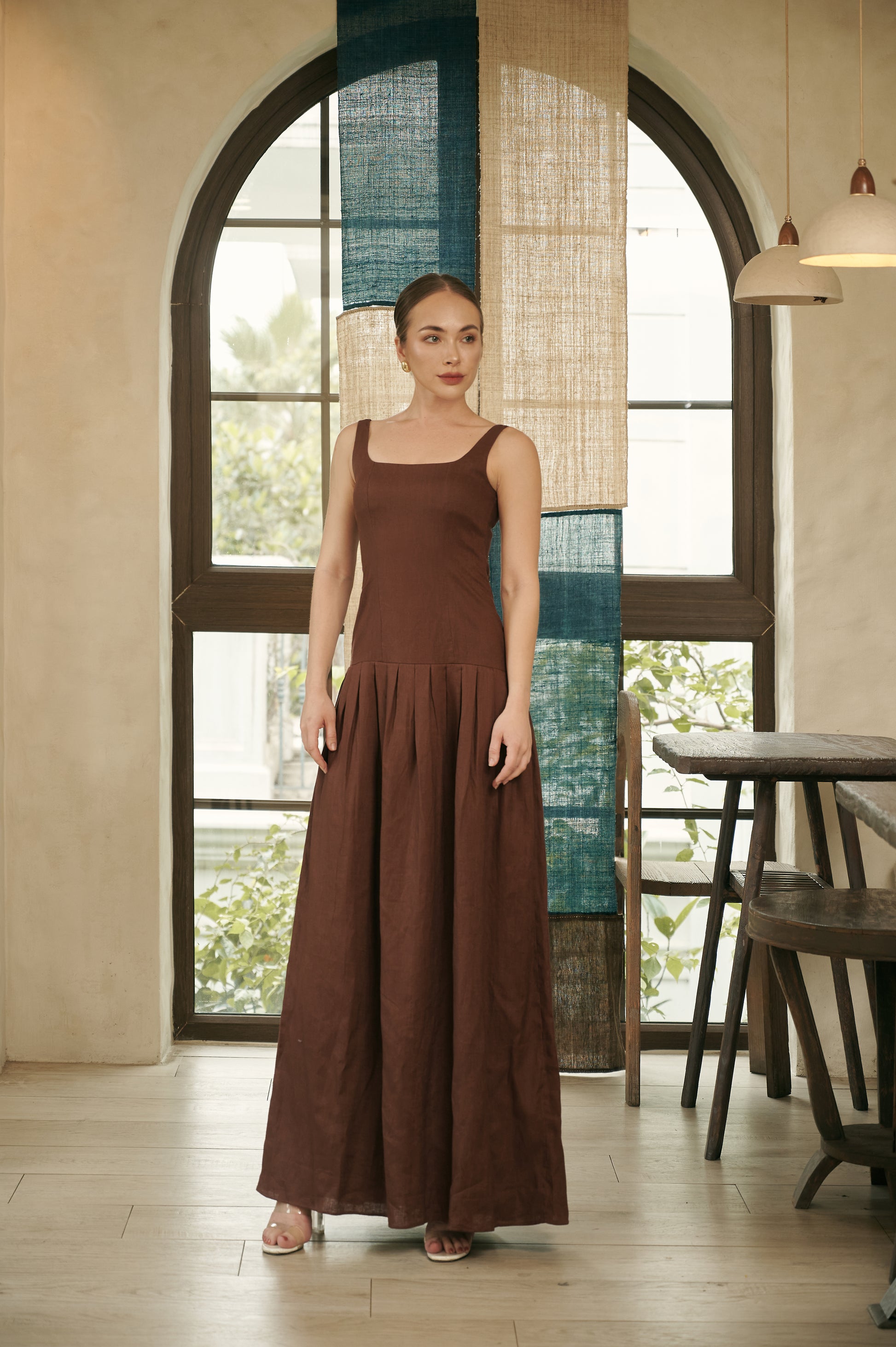 brown linen maxi dress Chocolate Brown Linen Dress - Heavy Linen Maxi Dress - Long Sleeve Linen Dress - Plus Size Linen Dress - Boho Dress