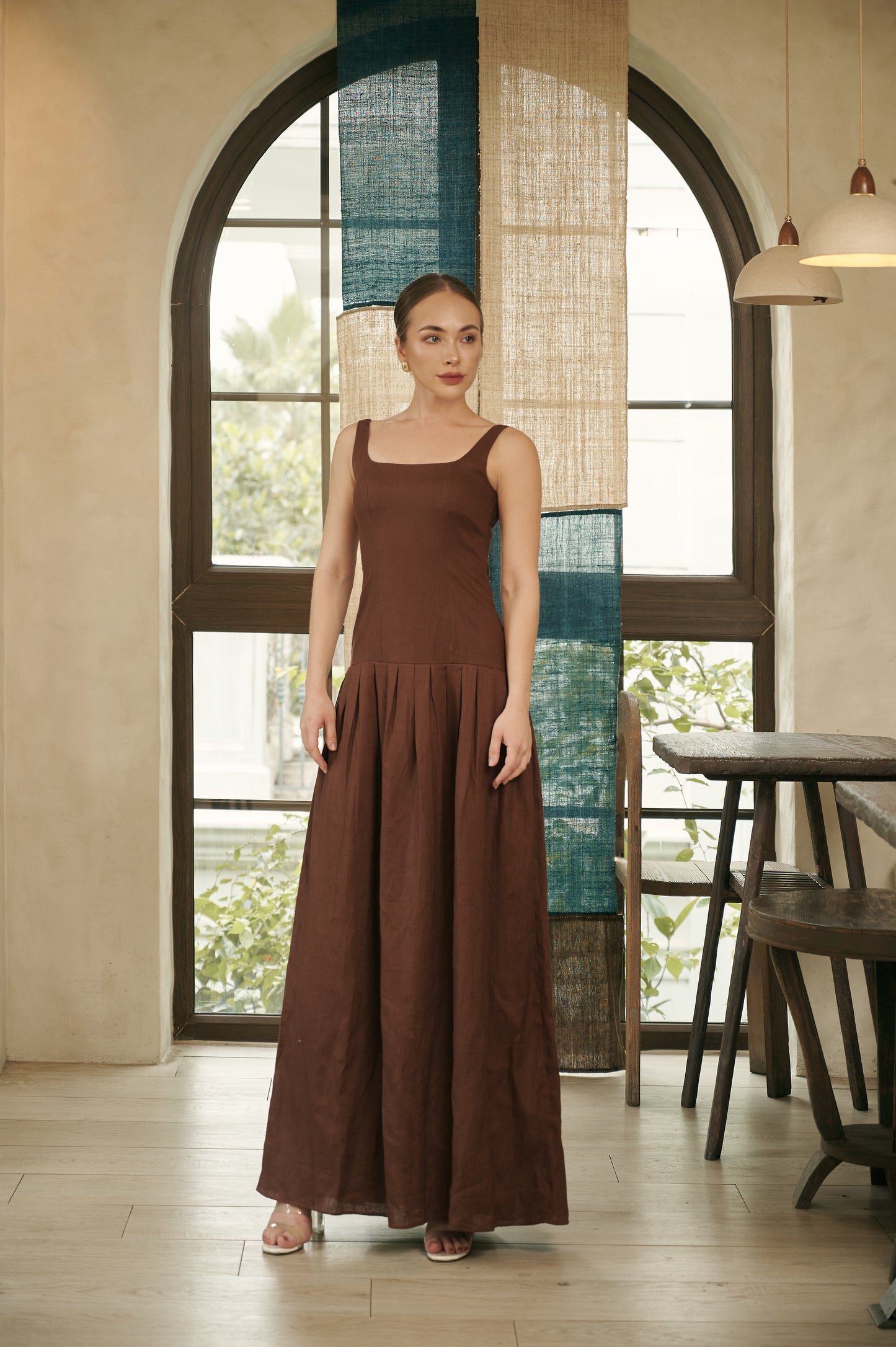 REYNA CHOCOLATE LINEN MAXI DRESS