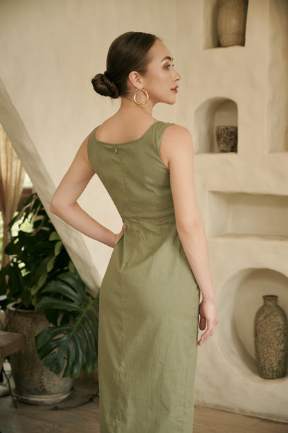 ELLY OLIVE LINEN BLEND MIDI DRESS