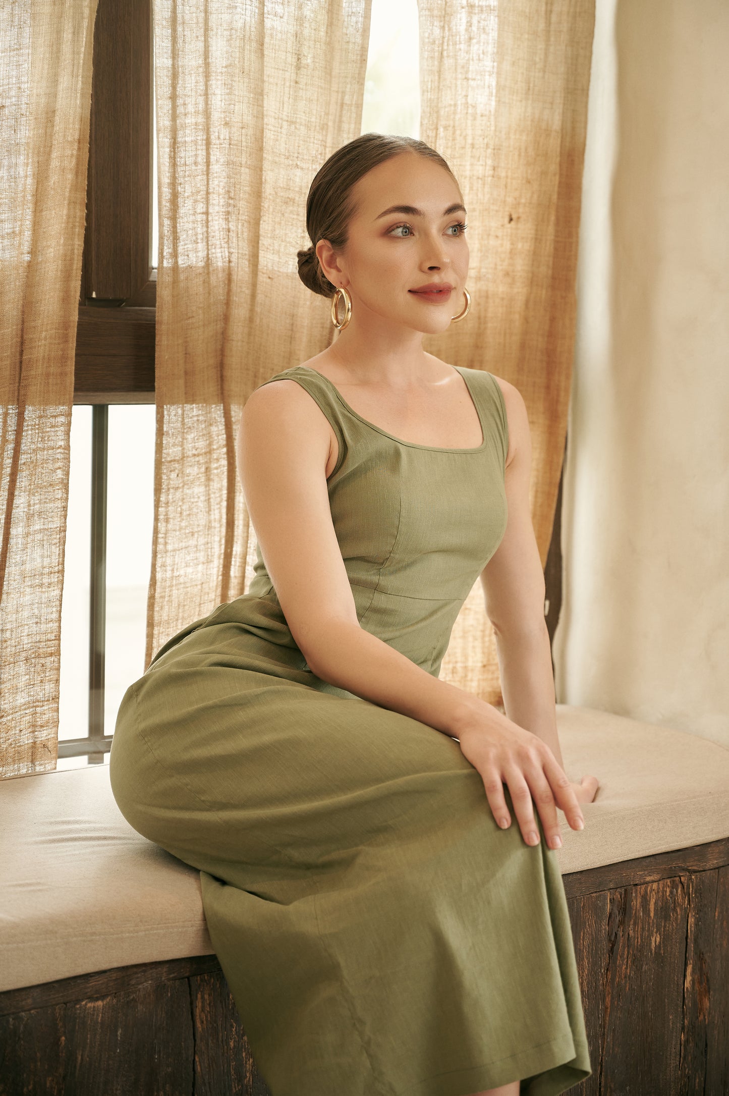 ELLY OLIVE LINEN BLEND MIDI DRESS