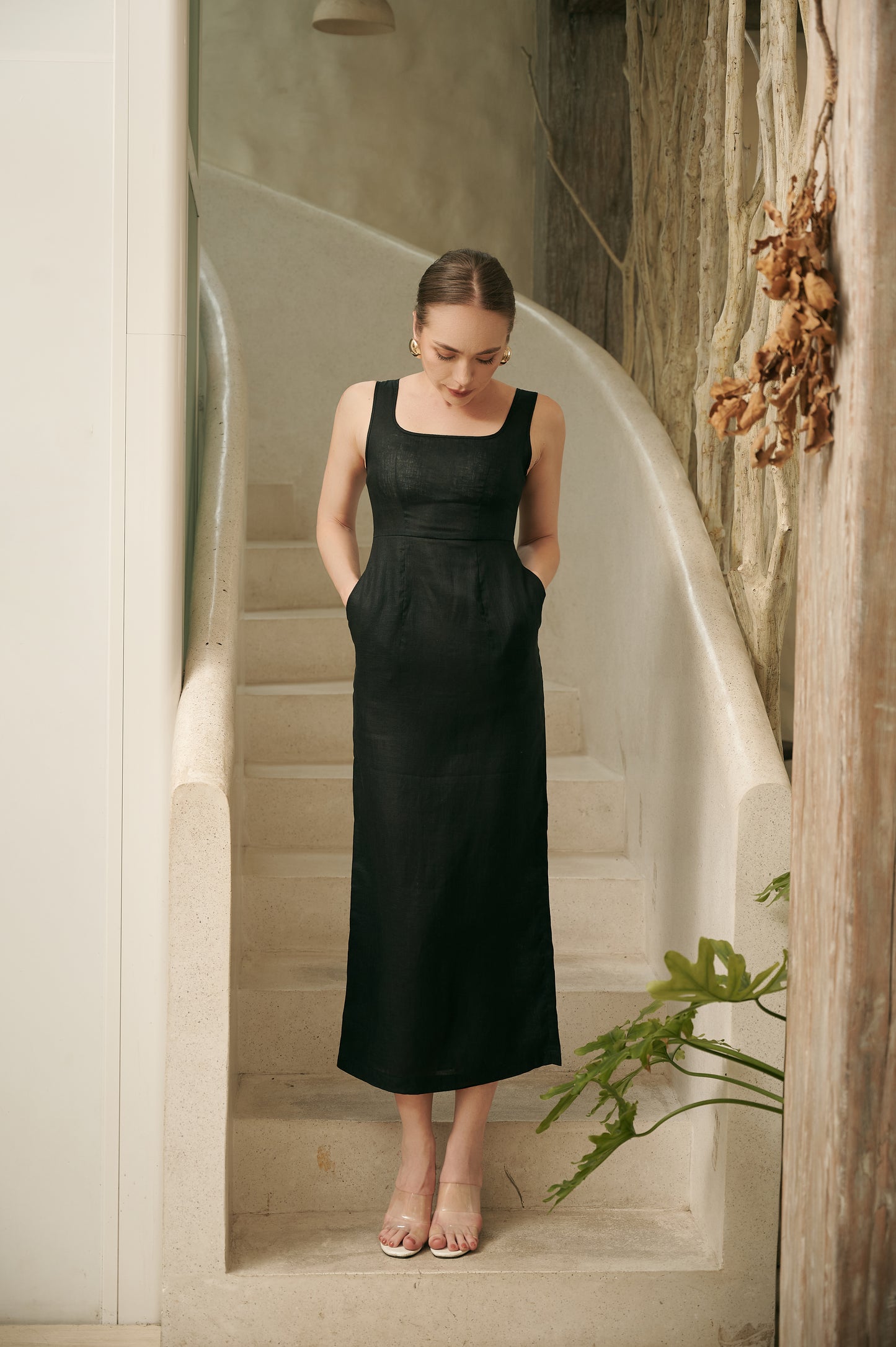 ELLY BLACK LINEN MIDI DRESS