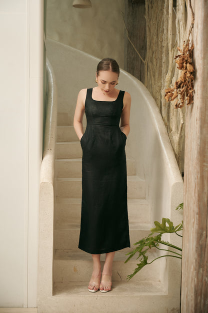 ELLY BLACK LINEN MIDI DRESS