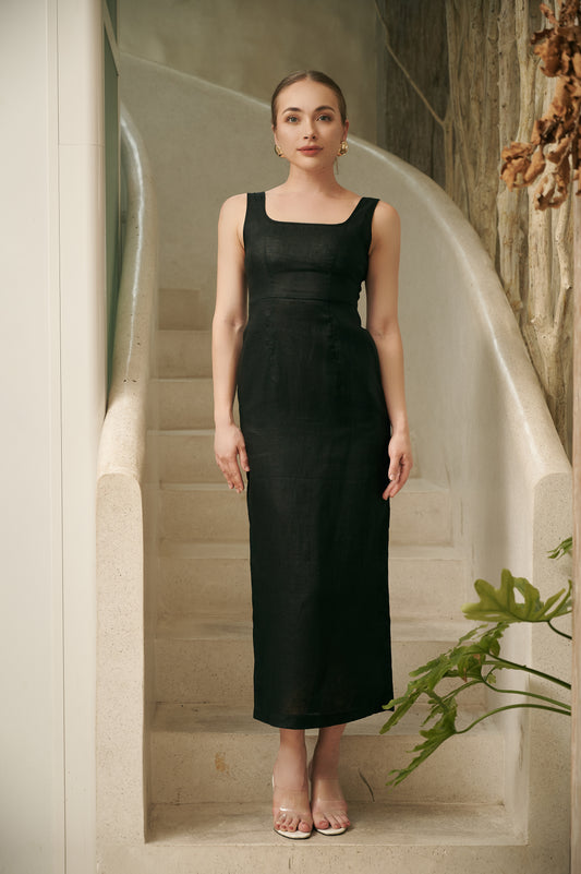 ELLY BLACK LINEN MIDI DRESS