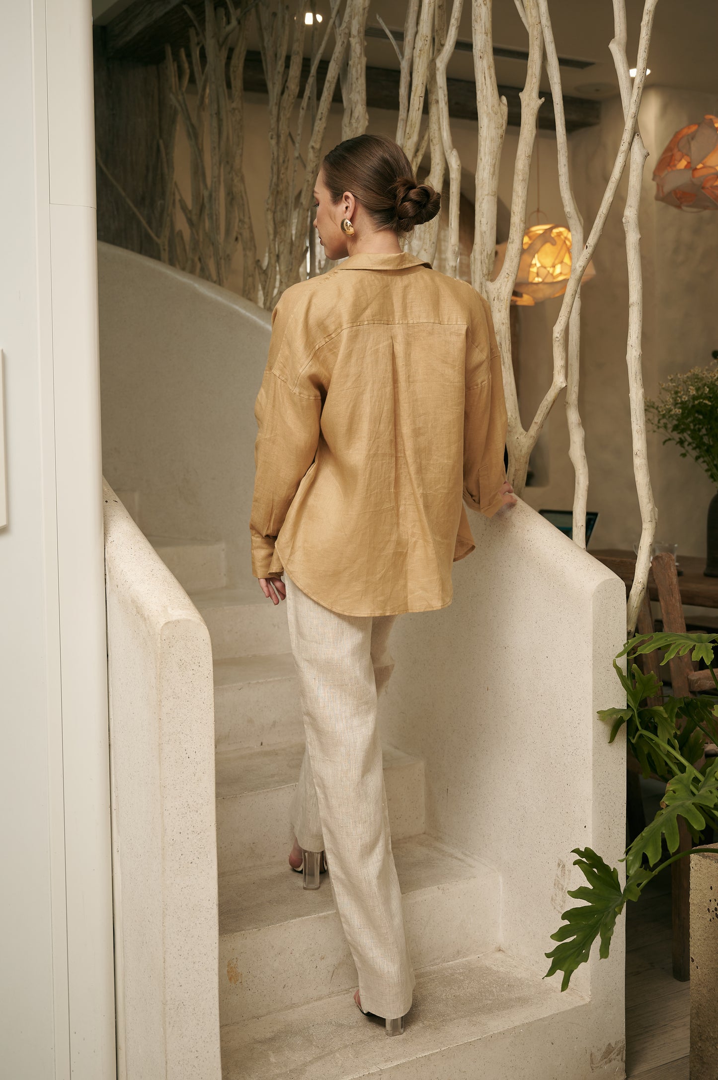 ALDALEE BEIGE LINEN BUTTON UP SHIRT