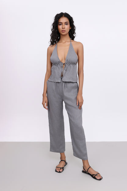 MAYA GREY TIE FRONT LINEN HALTER TOP